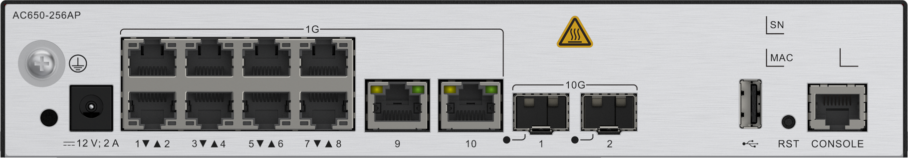 Contrôleur d'accès sans fil AC650-256AP Mainframe (10 ports GE, 2 ports SFP+ 10 GE, avec adaptateur CA/CC) 02355NCH