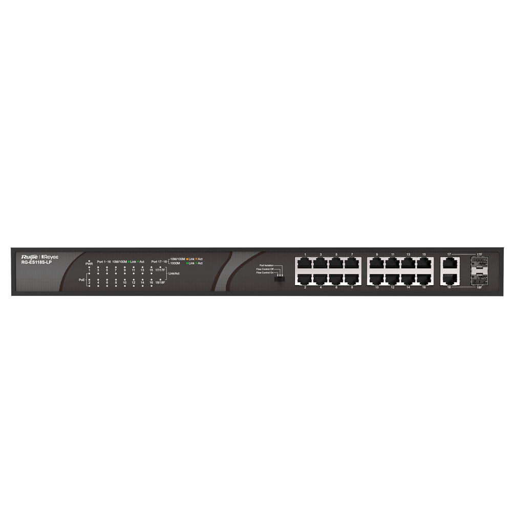 Switch de Bureau 16 Ports RJ45 10/100Mbps + 2 Gigabit RJ45/SFP RG-ES118S-LP